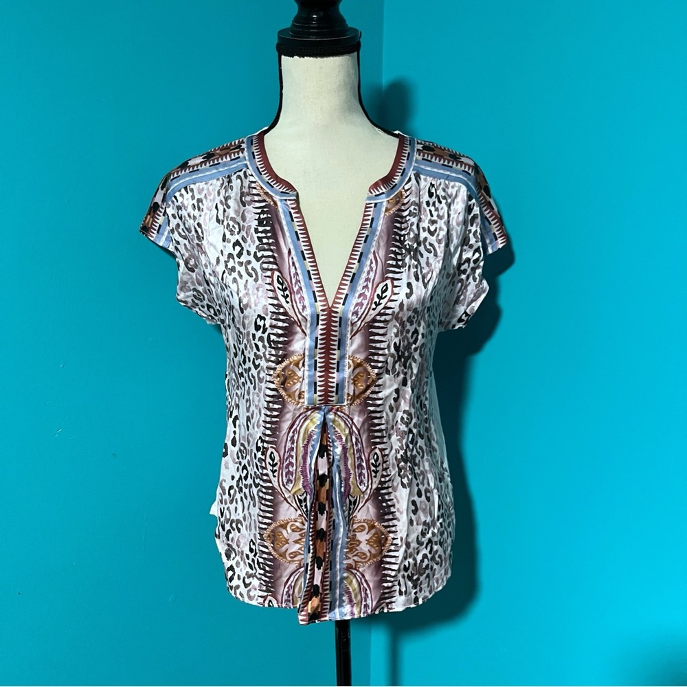 Hale Bob S Pink Animal Print Split Neck Short Sleeve Mixed Media Blouse Top